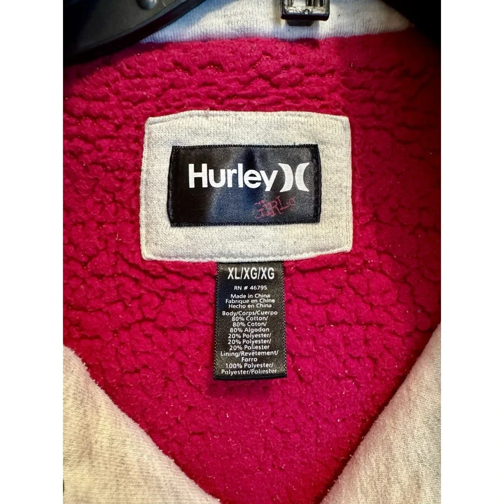 Hurley Girls XL Hoodie Jacket Fleece Lined‎ Gray Pink Removable Hood Comfy Warm